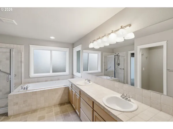 a bathroom with a tub sink and mirror