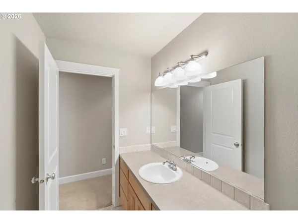 a bathroom with a sink vanity and a mirror