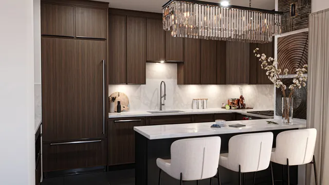 a kitchen with a table chairs and refrigerator