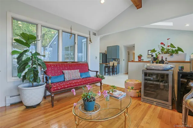 a living room with furniture flowerpot and wooden floor