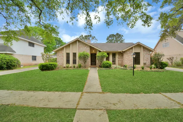 a view of a yard in front of a house with a large tree