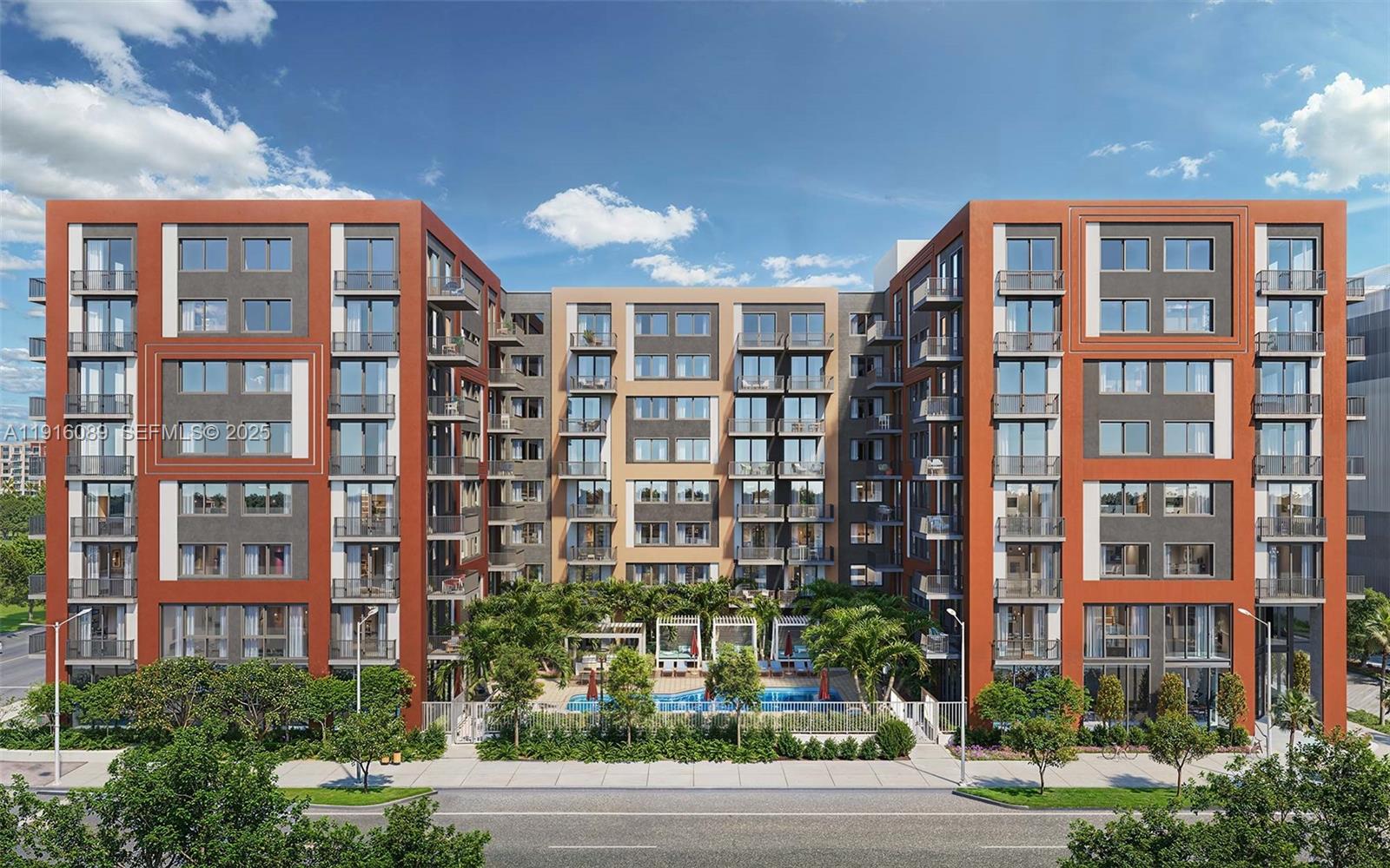 a front view of a multi story building