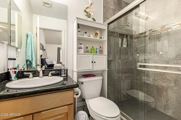 a bathroom with a sink a toilet and shower