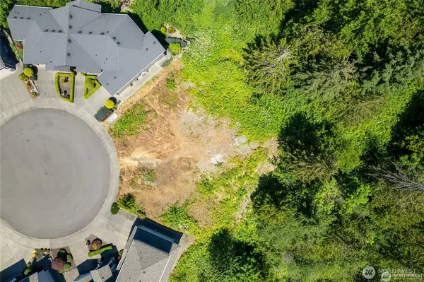 an aerial view of a house with swimming pool and large trees