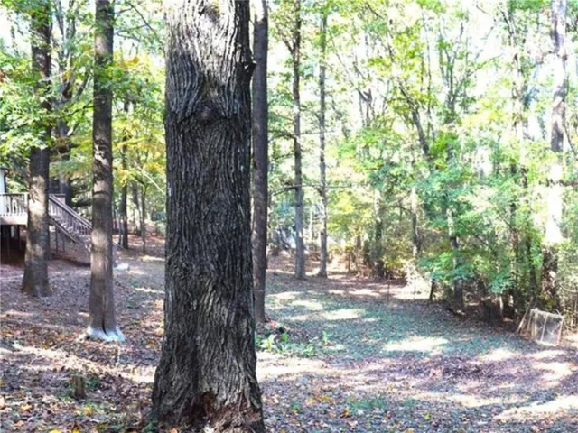 a view of a wooden deck with a yard