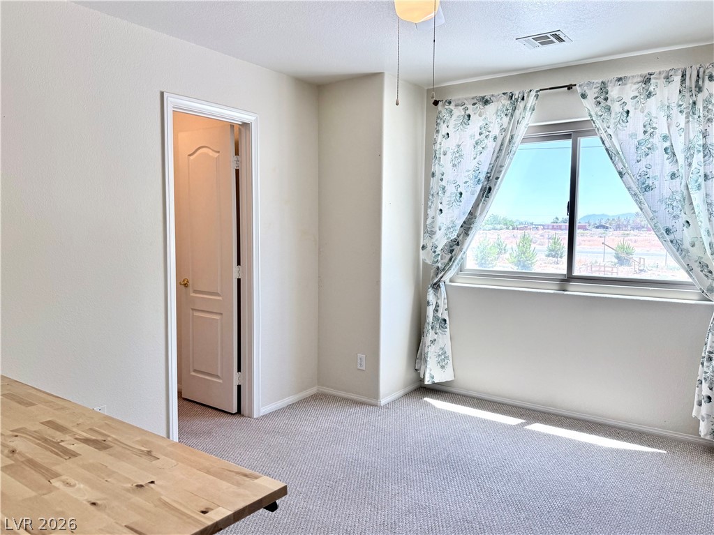 1220 East Gamebird Road Pahrump, NV 89048 - Photo 17 of 49 A well-lit bedroom features carpet flooring, a walk-in closet, and a scenic outdoor view through a generous window.