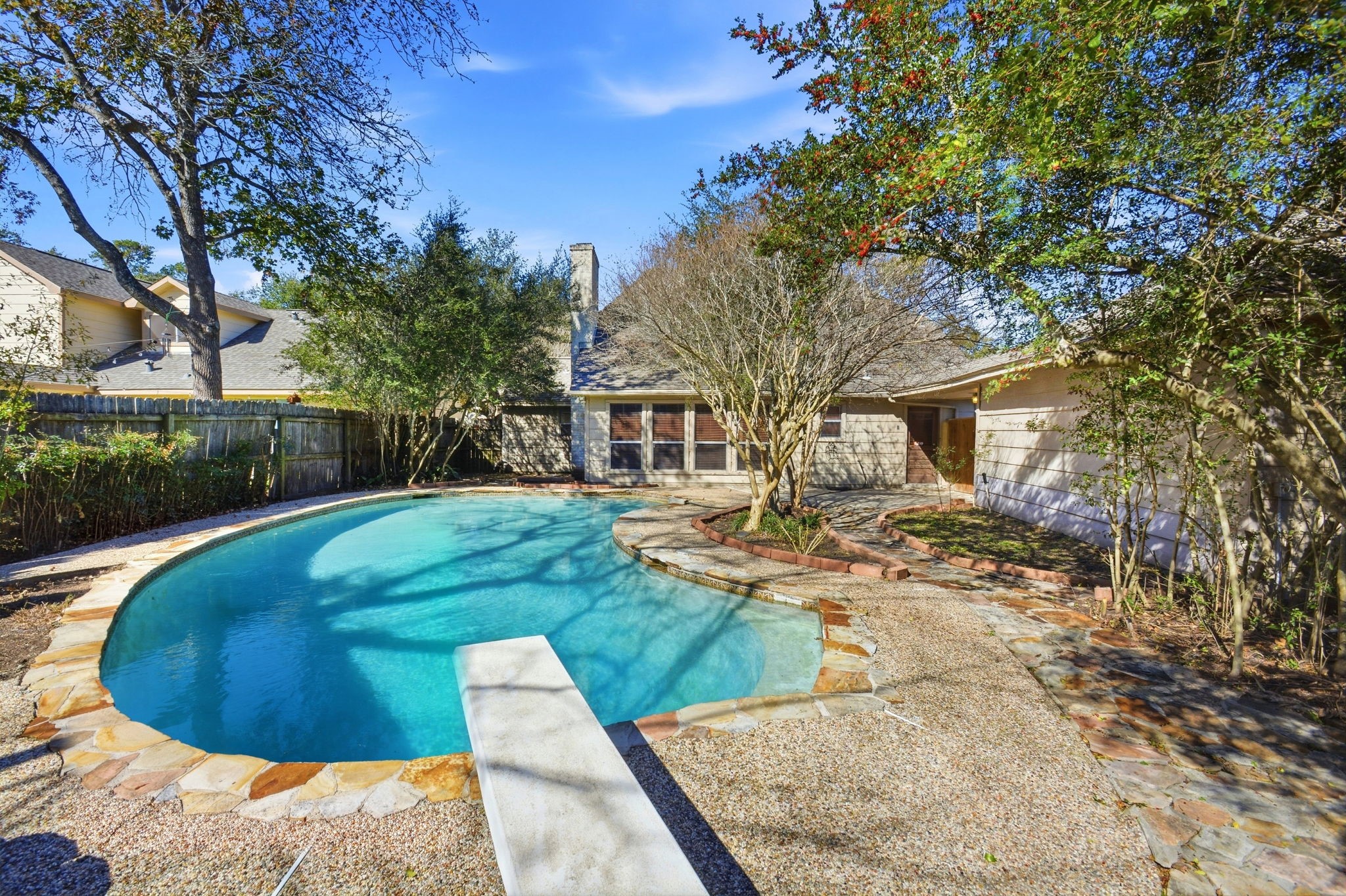 3607 El James Drive Spring, TX 77388 - Photo 44 of 50 View from the diving board! There is a built-in seating area to the right--a perfect spot from which to sit in the water and critique your friends' cannonballs! Further to the right and out of sight is the pool pump and an open space.