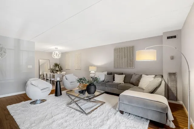 a living room with furniture a rug and a lamp