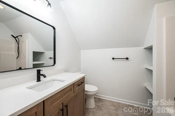a bathroom with a sink toilet a mirror and vanity