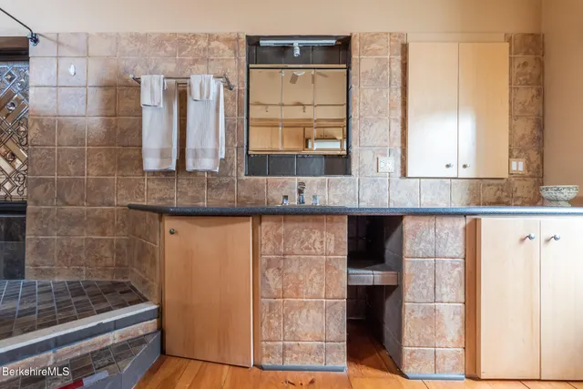 a bathroom with a granite countertop shower a sink and a stove