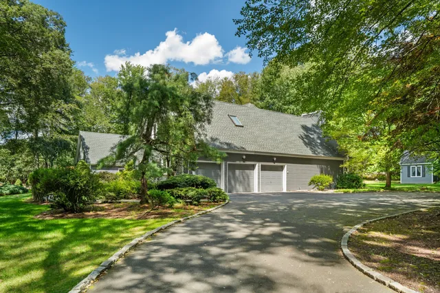 a backyard of a house with plants and large trees
