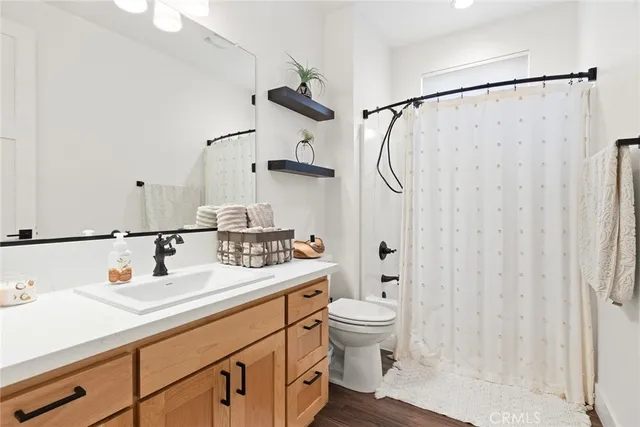 a bathroom with a sink a toilet and shower curtain