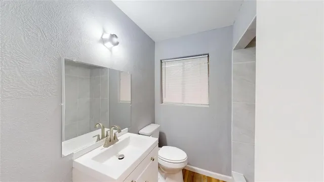 a bathroom with a toilet a sink and mirror