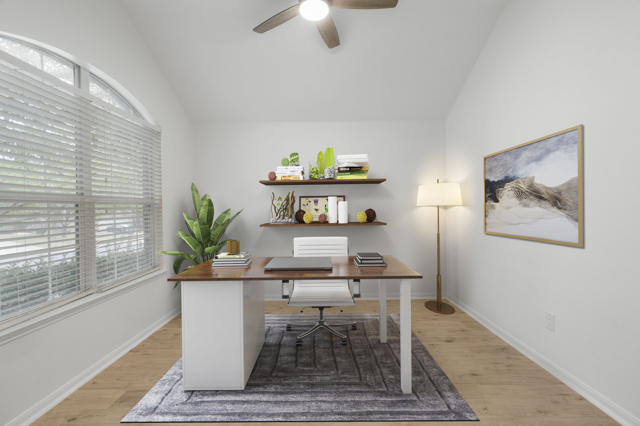 1333 Clary Sage Loop Round Rock, TX 78665 - Photo 15 of 34 Office area with vaulted ceiling, light wood-style floors, and a ceiling fan