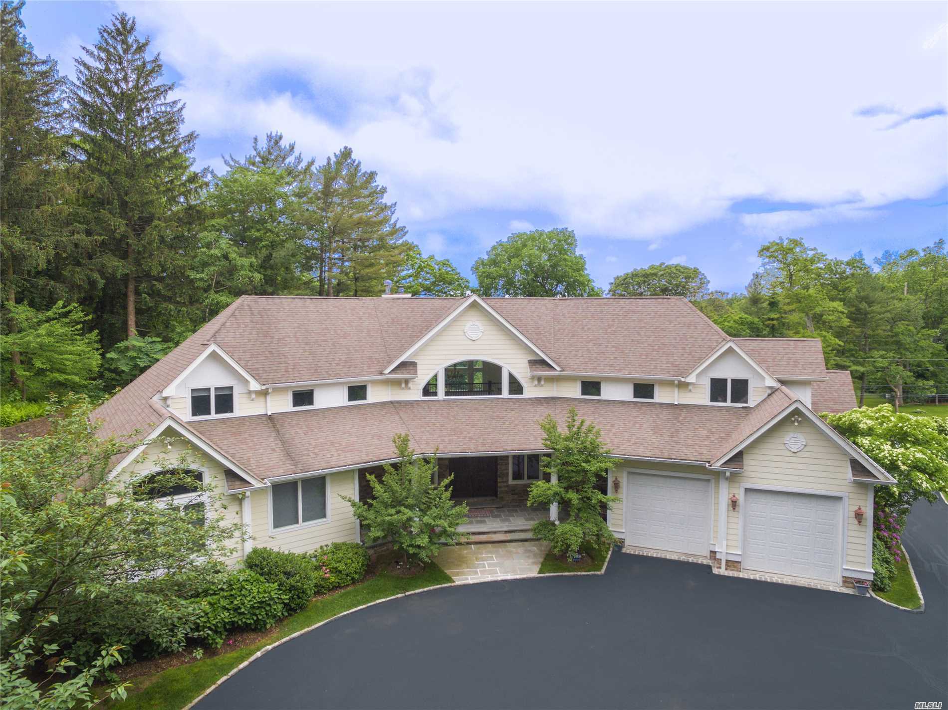 an aerial view of a house with a yard and potted plants
