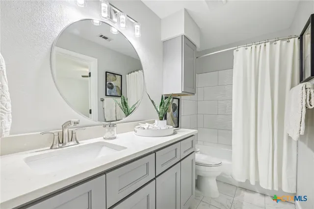 a bathroom with a double vanity sink toilet and a mirror