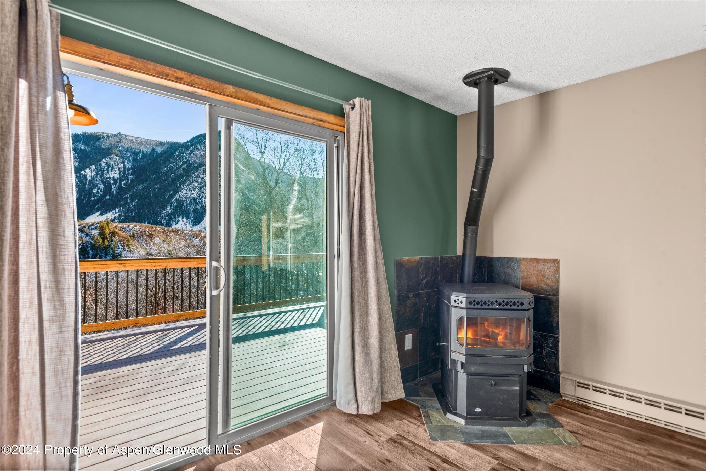 212 Cherokee Lane Carbondale, CO 81623 - Photo 7 of 34 a living room with a fireplace and a floor to ceiling window