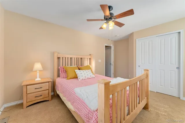 a bedroom with bed and closet