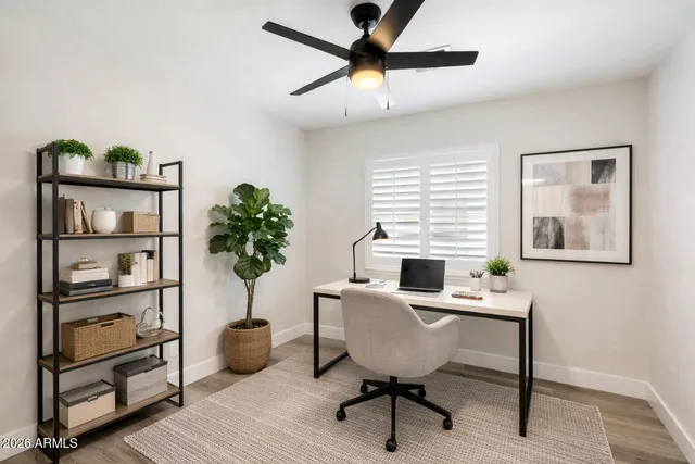 a workspace with furniture and a potted plant