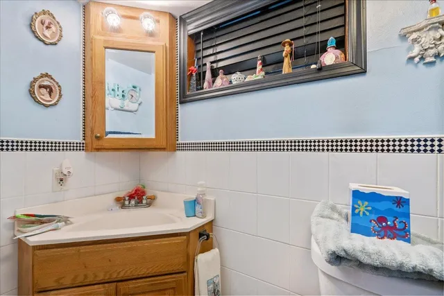 a bathroom with a shower and vanity
