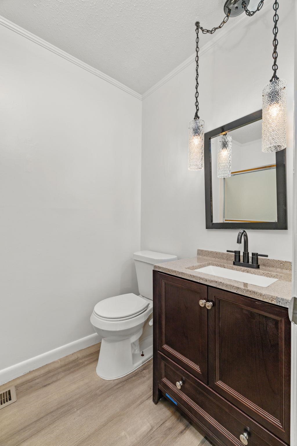 217 Red Bay Road Golden, MS 38847 - Photo 19 of 33 Bathroom featuring a dark wood-finish vanity with a light-toned countertop, a rectangular undermount sink, and a black-framed mirror