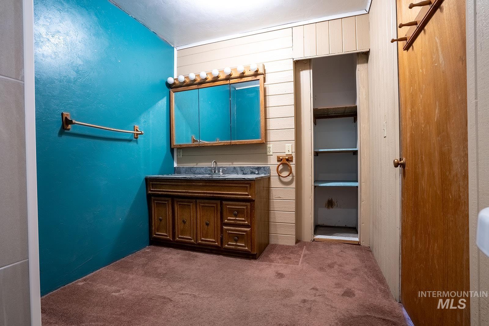 1357 Pound Lane Clarkston, WA 99403 - Photo 29 of 38 Bathroom with dark colored carpet, vanity, and wood walls