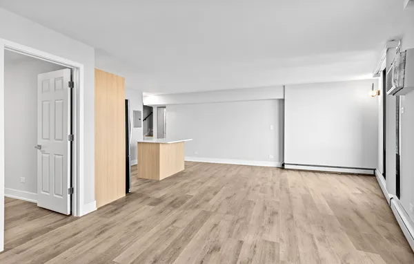 a view of empty room with wooden floor