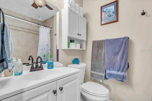 a bathroom with a sink a toilet and shower curtain