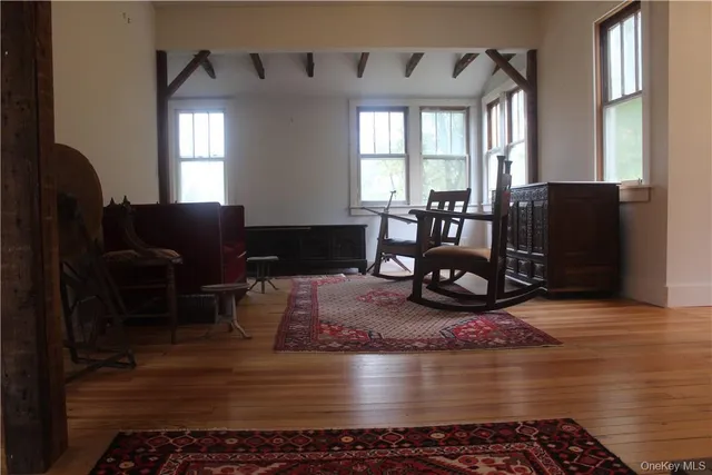 a living room with furniture rug and a window