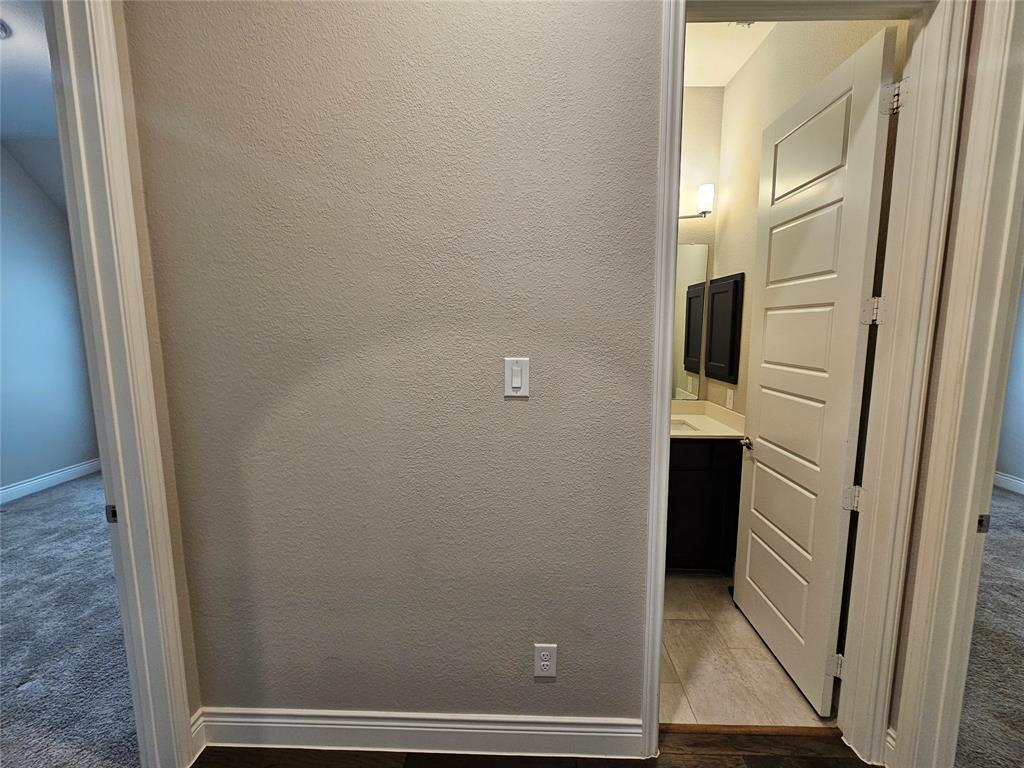 2065 Snapdragon Road Frisco, TX 75033 - Photo 27 of 39 Bathroom entry featuring a white paneled door, dark wood-finish vanity with a light-colored countertop, and a mirrored medicine cabinet