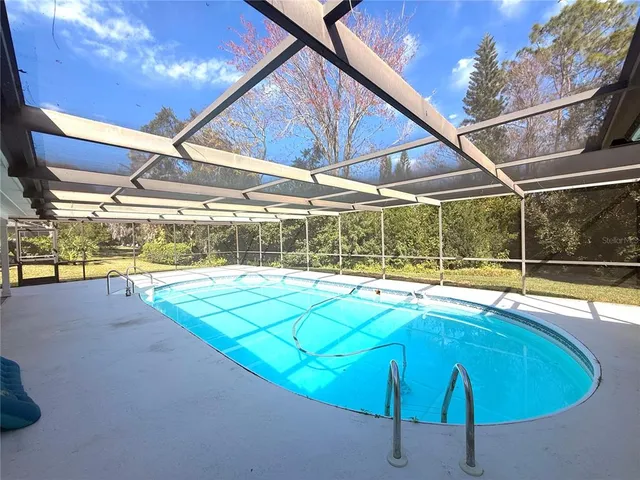 a view of a swimming pool with a yard and plants