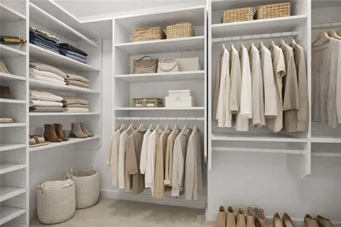 a view of walk in closet with clothes and shoes