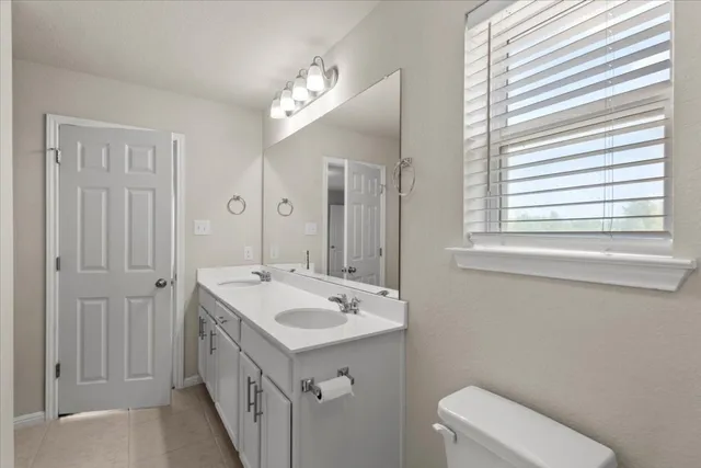 a bathroom with a double vanity sink toilet mirror and shower