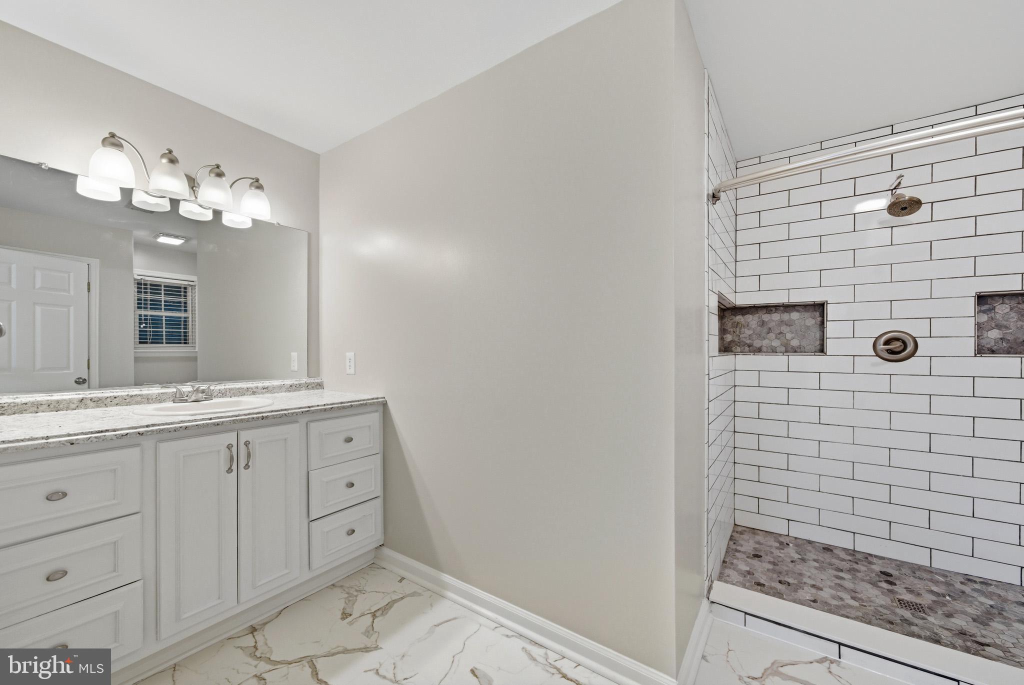22343 Newtowne Neck Road Leonardtown, MD 20650 - Photo 25 of 40 a bathroom with a double vanity sink mirror and shower
