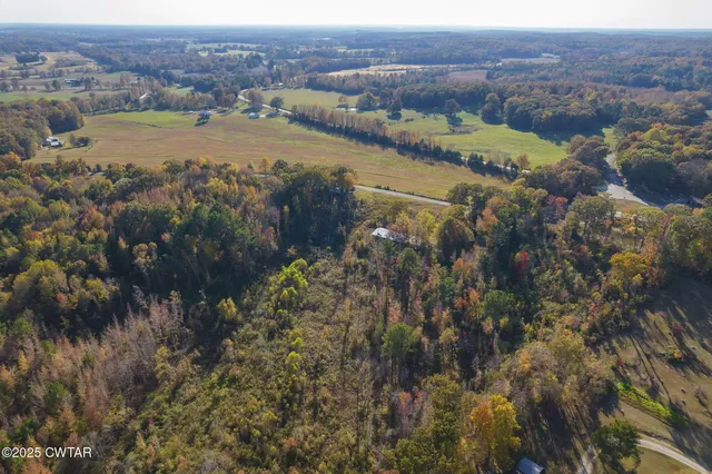 an aerial view of residential houses with outdoor space and trees