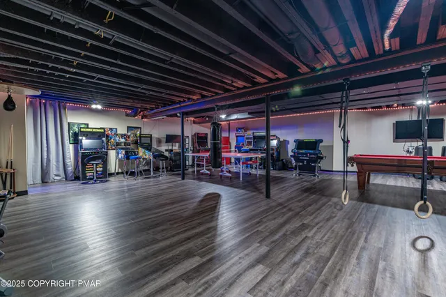 an aerial view of a house with garden