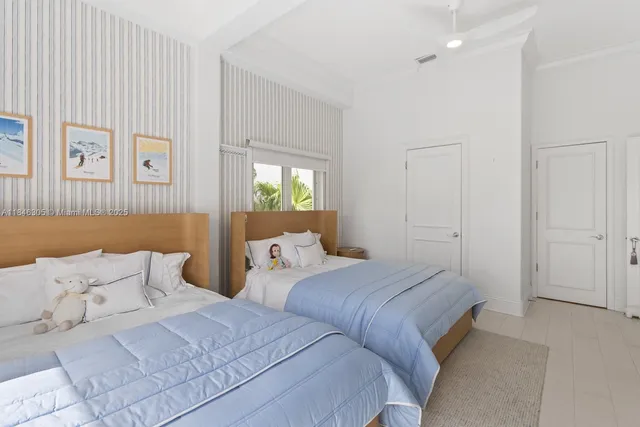 a bedroom with two beds and painted walls