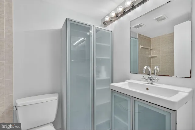 a bathroom with a shower and a toilet