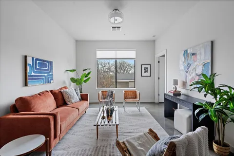 a living room with furniture and a potted plant