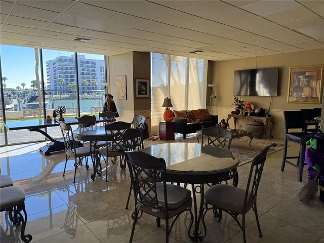 a view of a dining room with furniture