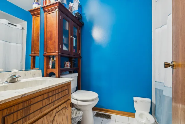 a bathroom with a sink a toilet and shower curtain
