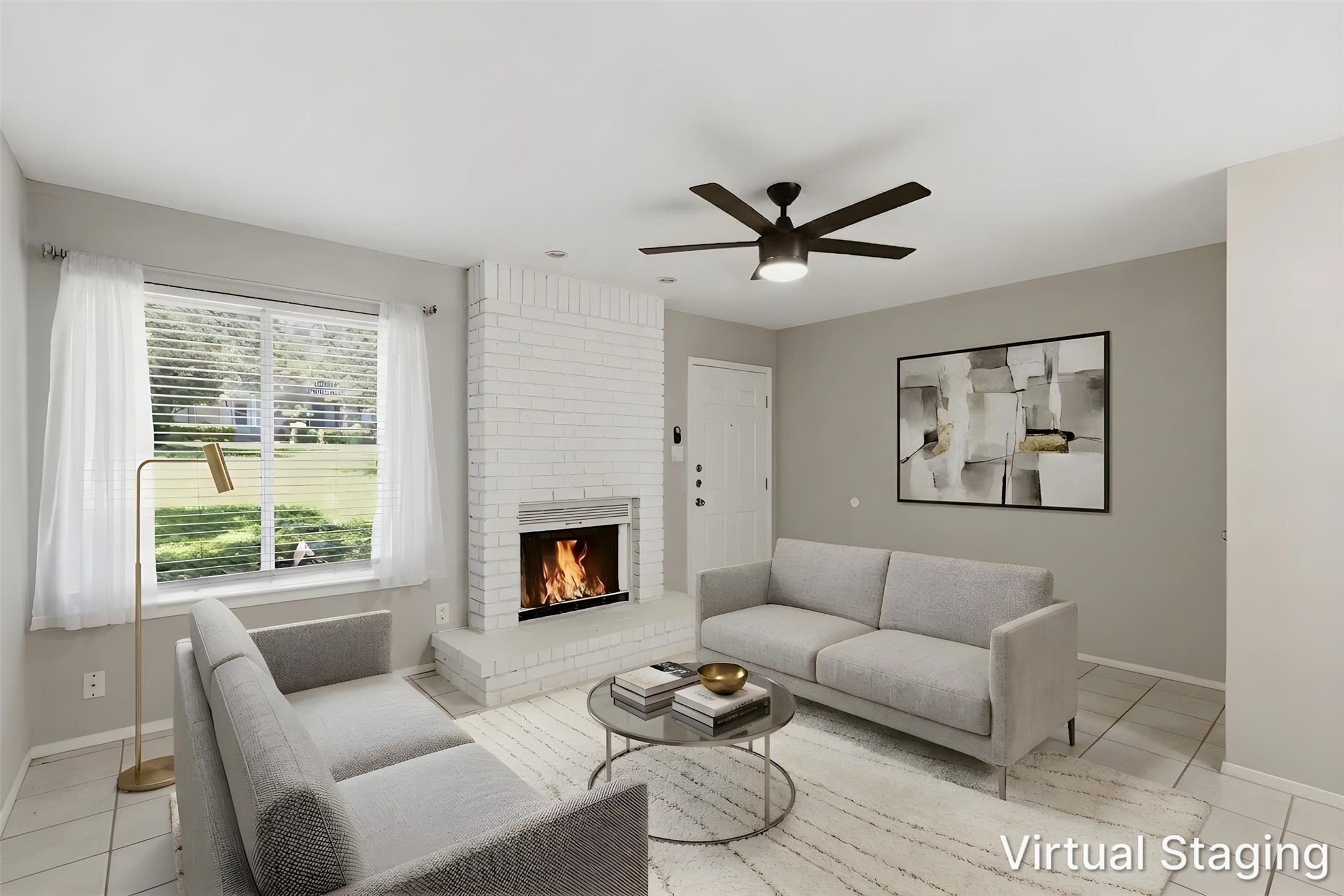 4204 Hudson Bend Road, Unit B Austin, TX 78734 - Photo 1 of 37 virtually staged
Living area featuring a white brick fireplace, multiple windows with blinds, a ceiling fan with integrated lighting, and tile flooring