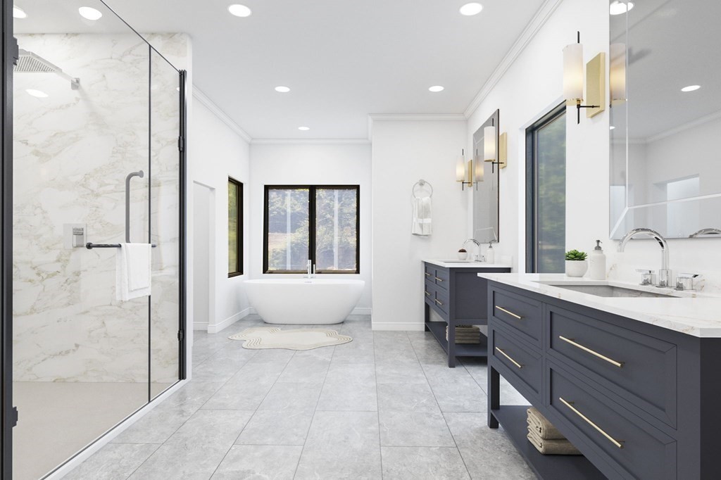 123 Centre Street Dover, MA 02030 - Photo 7 of 11 a spacious bathroom with a double vanity sink a mirror and a bathtub