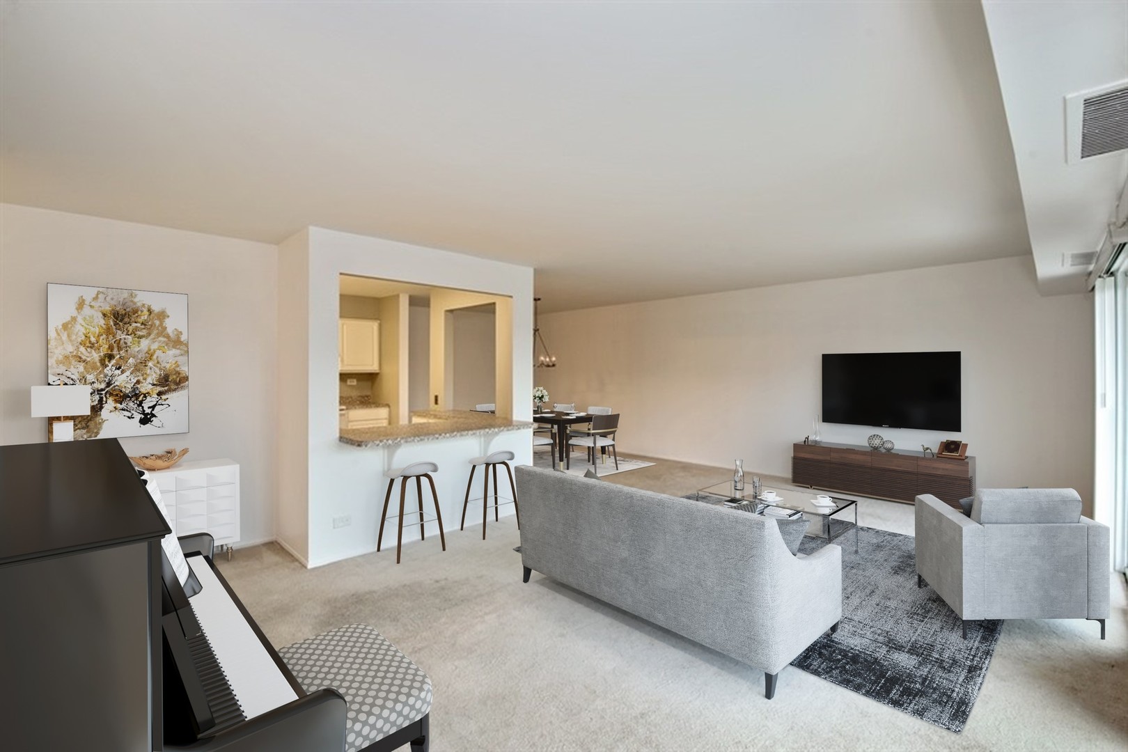 1615 East Central Road, Unit 417C Arlington Heights, IL 60005 - Photo 2 of 23 a living room with furniture and a flat screen tv