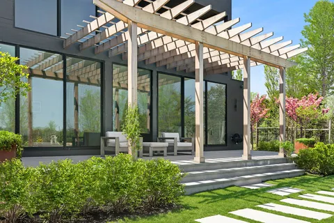 a view of a terrace with a lake view