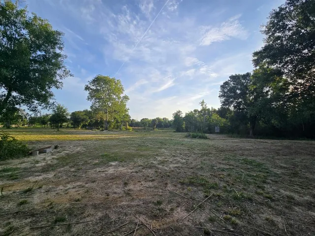 a view of a field with trees in background