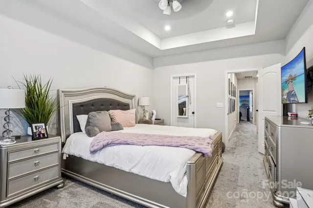 a bedroom with a large bed and a potted plant