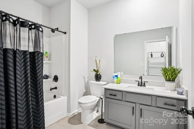 a bathroom with a sink a toilet and shower curtain