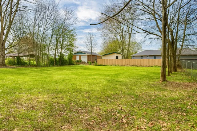 a view of a yard with a house in the background