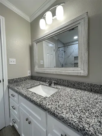 a bathroom with a granite countertop sink and a mirror